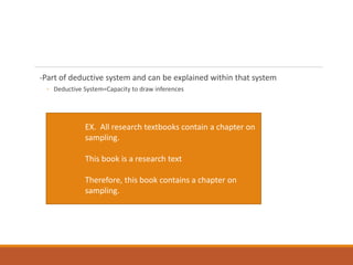 -Part of deductive system and can be explained within that system
◦ Deductive System=Capacity to draw inferences
EX. All research textbooks contain a chapter on
sampling.
This book is a research text
Therefore, this book contains a chapter on
sampling.
 