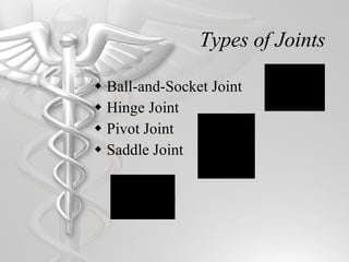 Types of Joints Ball-and-Socket Joint Hinge Joint Pivot Joint Saddle Joint 