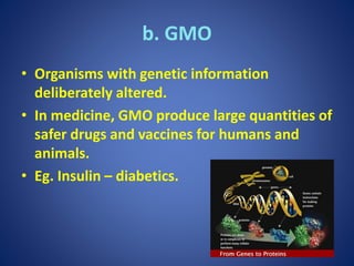 b. GMO
• Organisms with genetic information
deliberately altered.
• In medicine, GMO produce large quantities of
safer drugs and vaccines for humans and
animals.
• Eg. Insulin – diabetics.
 