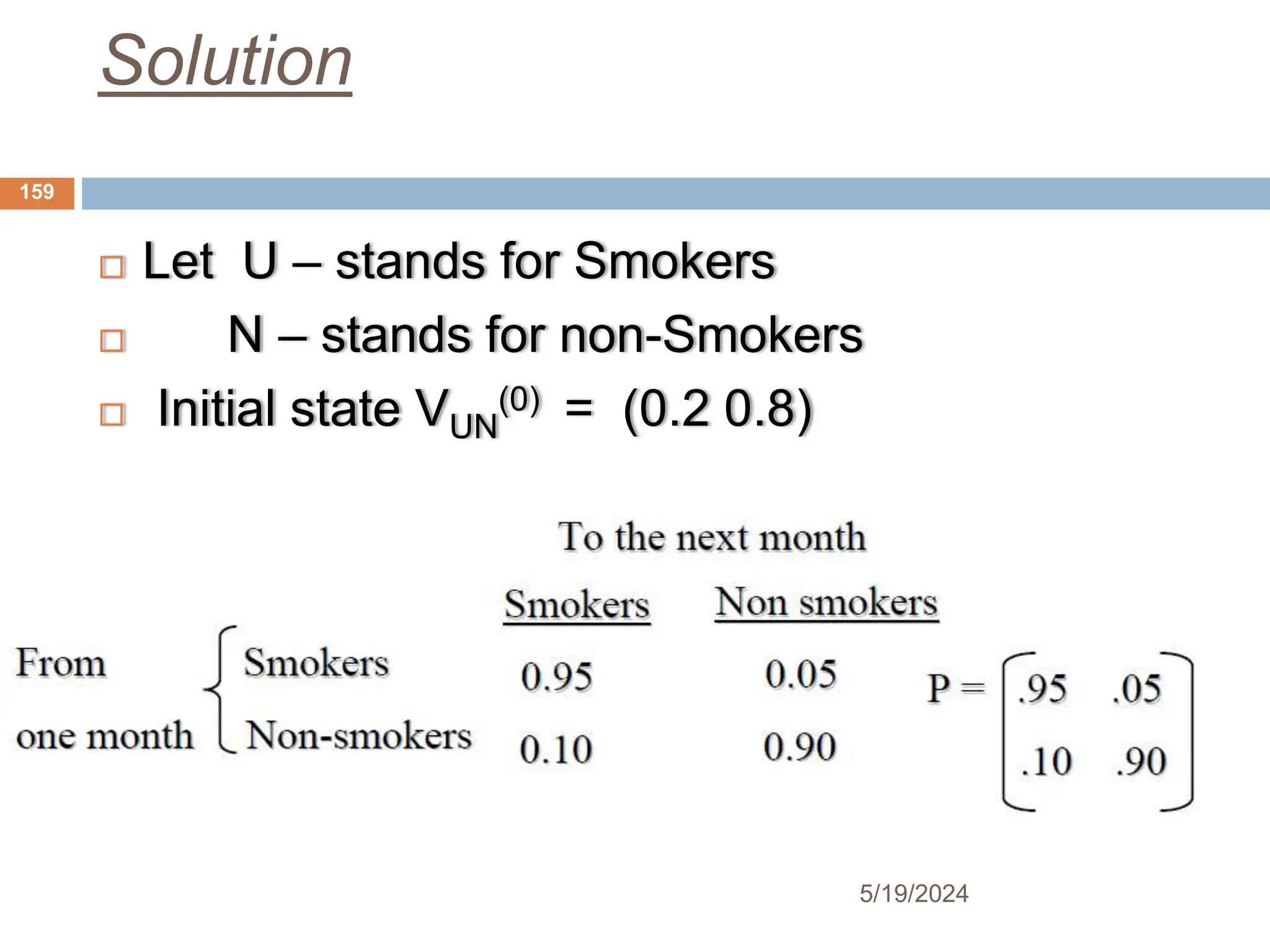 Solution
 Let U – stands for Smokers
 N – stands for non-Smokers
 Initial state VUN
(0) = (0.2 0.8)
159
5/19/2024
 