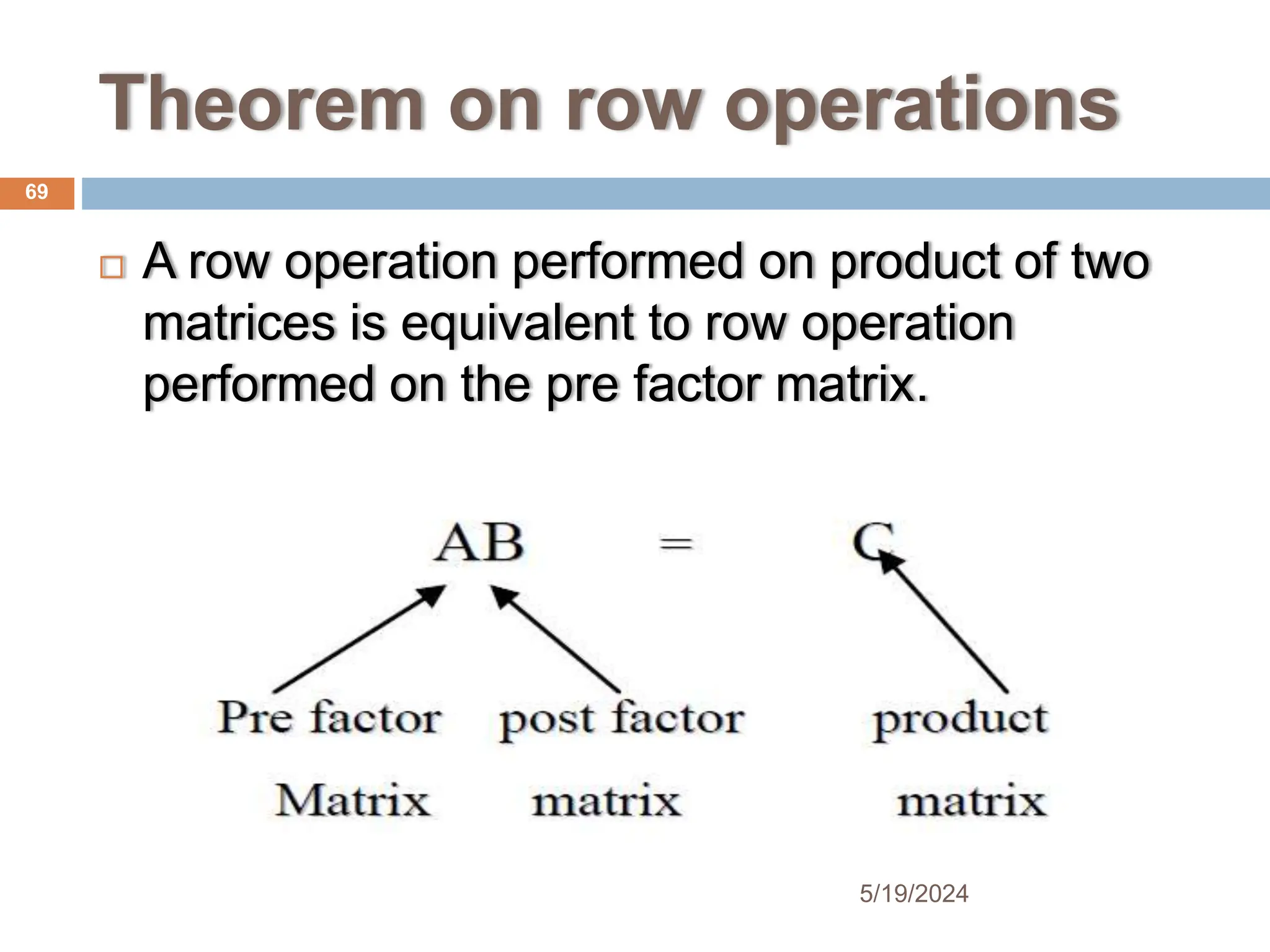 Theorem on row operations
 A row operation performed on product of two
matrices is equivalent to row operation
performed on the pre factor matrix.
69
5/19/2024
 