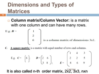 Dimensions and Types of
Matrices
 Column matrix/Column Vector: is a matrix
with one column and can have many rows.
It is also called n-th order matrix, 2x2, 3x3, nxn
10
5/19/2024
 