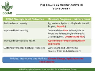 P ro g ram s c u rre n tly ac tive in
                                         B an g lad e s h




Policies , Institutions and Markets; Climate Change, Agriculture and
                             Food Security

        CGIAR is a global research partnership for a food secure future
 