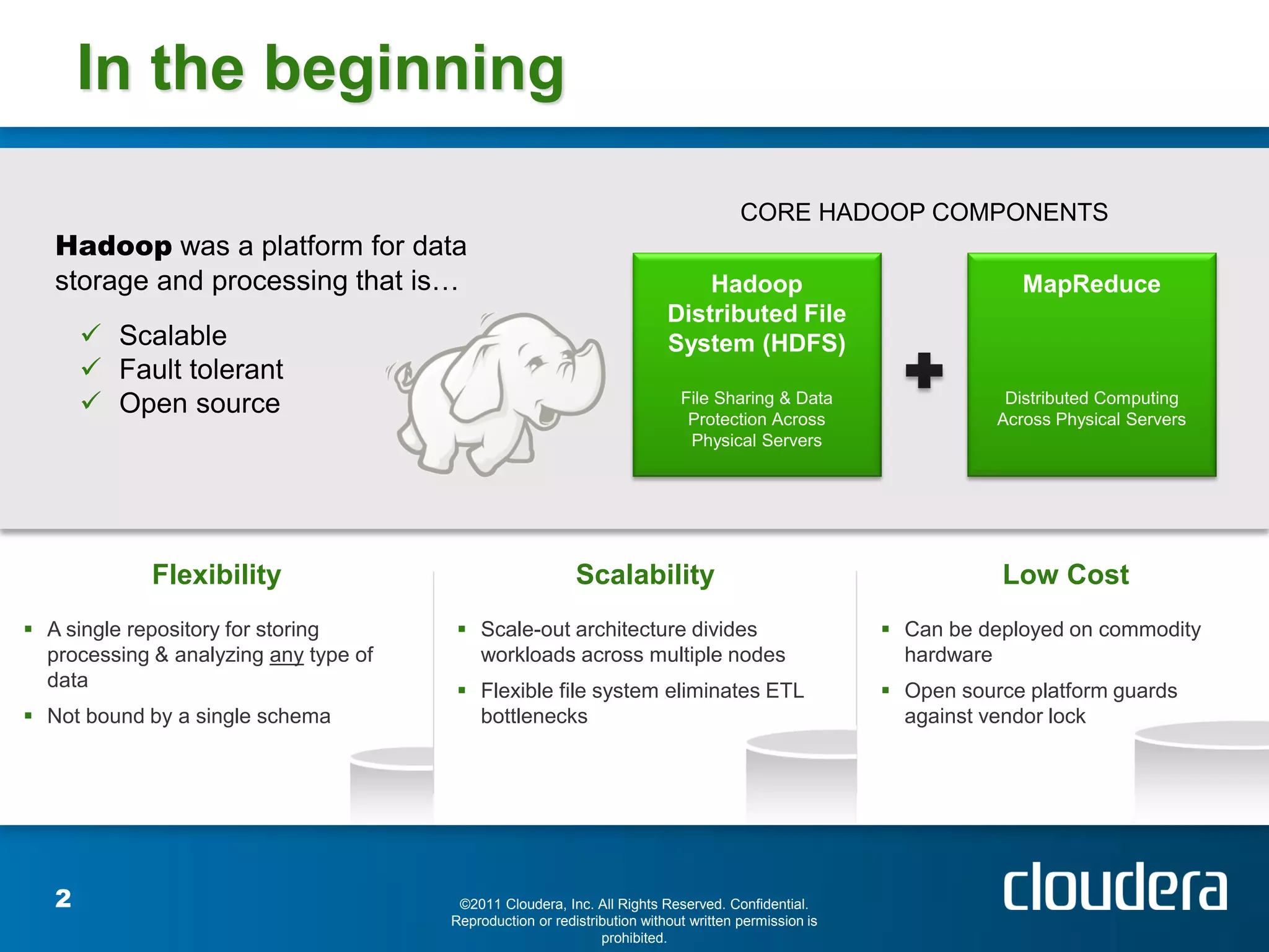 In the beginning

                                                                                      CORE HADOOP COMPONENTS
   Hadoop was a platform for data
   storage and processing that is…                                            Hadoop                                MapReduce
                                                                          Distributed File
        Scalable                                                         System (HDFS)
        Fault tolerant
        Open source                                                        File Sharing & Data
                                                                             Protection Across
                                                                                                                  Distributed Computing
                                                                                                                 Across Physical Servers
                                                                             Physical Servers




             Flexibility                                   Scalability                                           Low Cost
 A single repository for storing       Scale-out architecture divides                                Can be deployed on commodity
  processing & analyzing any type of     workloads across multiple nodes                                hardware
  data                                  Flexible file system eliminates ETL                           Open source platform guards
 Not bound by a single schema           bottlenecks                                                    against vendor lock




   2                                    ©2011 Cloudera, Inc. All Rights Reserved. Confidential.
                                       Reproduction or redistribution without written permission is
                                                               prohibited.
 