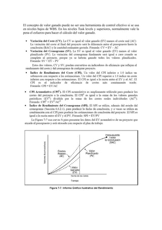El concepto de valor ganado puede no ser una herramienta de control efectivo si se usa
en niveles bajos de WBS. En los niveles Task levels y superiores, normalmente vale la
pena el esfuerzo para hacer el cálculo del valor ganado.
 