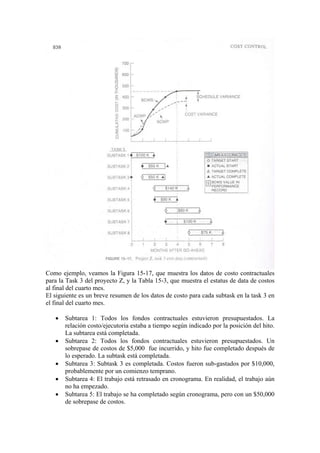 Como ejemplo, veamos la Figura 15-17, que muestra los datos de costo contractuales
para la Task 3 del proyecto Z, y la Tabla 15-3, que muestra el estatus de data de costos
al final del cuarto mes.
El siguiente es un breve resumen de los datos de costo para cada subtask en la task 3 en
el final del cuarto mes.
• Subtarea 1: Todos los fondos contractuales estuvieron presupuestados. La
relación costo/ejecutoria estaba a tiempo según indicado por la posición del hito.
La subtarea está completada.
• Subtarea 2: Todos los fondos contractuales estuvieron presupuestados. Un
sobrepase de costos de $5,000 fue incurrido, y hito fue completado después de
lo esperado. La subtask está completada.
• Subtarea 3: Subtask 3 es completada. Costos fueron sub-gastados por $10,000,
probablemente por un comienzo temprano.
• Subtarea 4: El trabajo está retrasado en cronograma. En realidad, el trabajo aún
no ha empezado.
• Subtarea 5: El trabajo se ha completado según cronograma, pero con un $50,000
de sobrepase de costos.
 