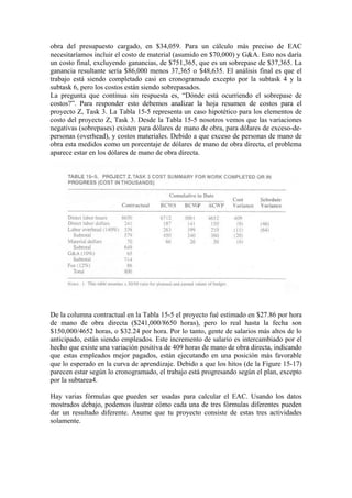 obra del presupuesto cargado, en $34,059. Para un cálculo más preciso de EAC
necesitaríamos incluir el costo de material (asumido en $70,000) y G&A. Esto nos daría
un costo final, excluyendo ganancias, de $751,365, que es un sobrepase de $37,365. La
ganancia resultante sería $86,000 menos 37,365 o $48,635. El análisis final es que el
trabajo está siendo completado casi en cronogramado excepto por la subtask 4 y la
subtask 6, pero los costos están siendo sobrepasados.
La pregunta que continua sin respuesta es, “Dónde está ocurriendo el sobrepase de
costos?”. Para responder esto debemos analizar la hoja resumen de costos para el
proyecto Z, Task 3. La Tabla 15-5 representa un caso hipotético para los elementos de
costo del proyecto Z, Task 3. Desde la Tabla 15-5 nosotros vemos que las variaciones
negativas (sobrepases) existen para dólares de mano de obra, para dólares de exceso-de-
personas (overhead), y costos materiales. Debido a que exceso de personas de mano de
obra esta medidos como un porcentaje de dólares de mano de obra directa, el problema
aparece estar en los dólares de mano de obra directa.
De la columna contractual en la Tabla 15-5 el proyecto fué estimado en $27.86 por hora
de mano de obra directa ($241,000/8650 horas), pero lo real hasta la fecha son
$150,000/4652 horas, o $32.24 por hora. Por lo tanto, gente de salarios más altos de lo
anticipado, están siendo empleados. Este incremento de salario es intercambiado por el
hecho que existe una variación positiva de 409 horas de mano de obra directa, indicando
que estas empleados mejor pagados, están ejecutando en una posición más favorable
que lo esperado en la curva de aprendizaje. Debido a que los hitos (de la Figure 15-17)
parecen estar según lo cronogramado, el trabajo está progresando según el plan, excepto
por la subtarea4.
Hay varias fórmulas que pueden ser usadas para calcular el EAC. Usando los datos
mostrados debajo, podemos ilustrar cómo cada una de tres fórmulas diferentes pueden
dar un resultado diferente. Asume que tu proyecto consiste de estas tres actividades
solamente.
 