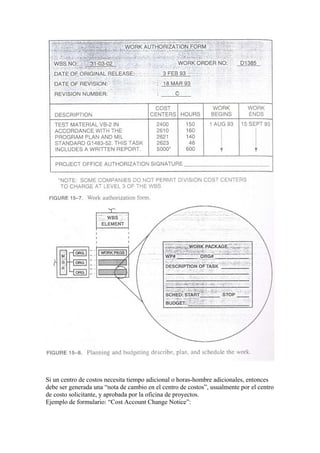 Si un centro de costos necesita tiempo adicional o horas-hombre adicionales, entonces
debe ser generada una “nota de cambio en el centro de costos”, usualmente por el centro
de costo solicitante, y aprobada por la oficina de proyectos.
Ejemplo de formulario: “Cost Account Change Notice”:
 