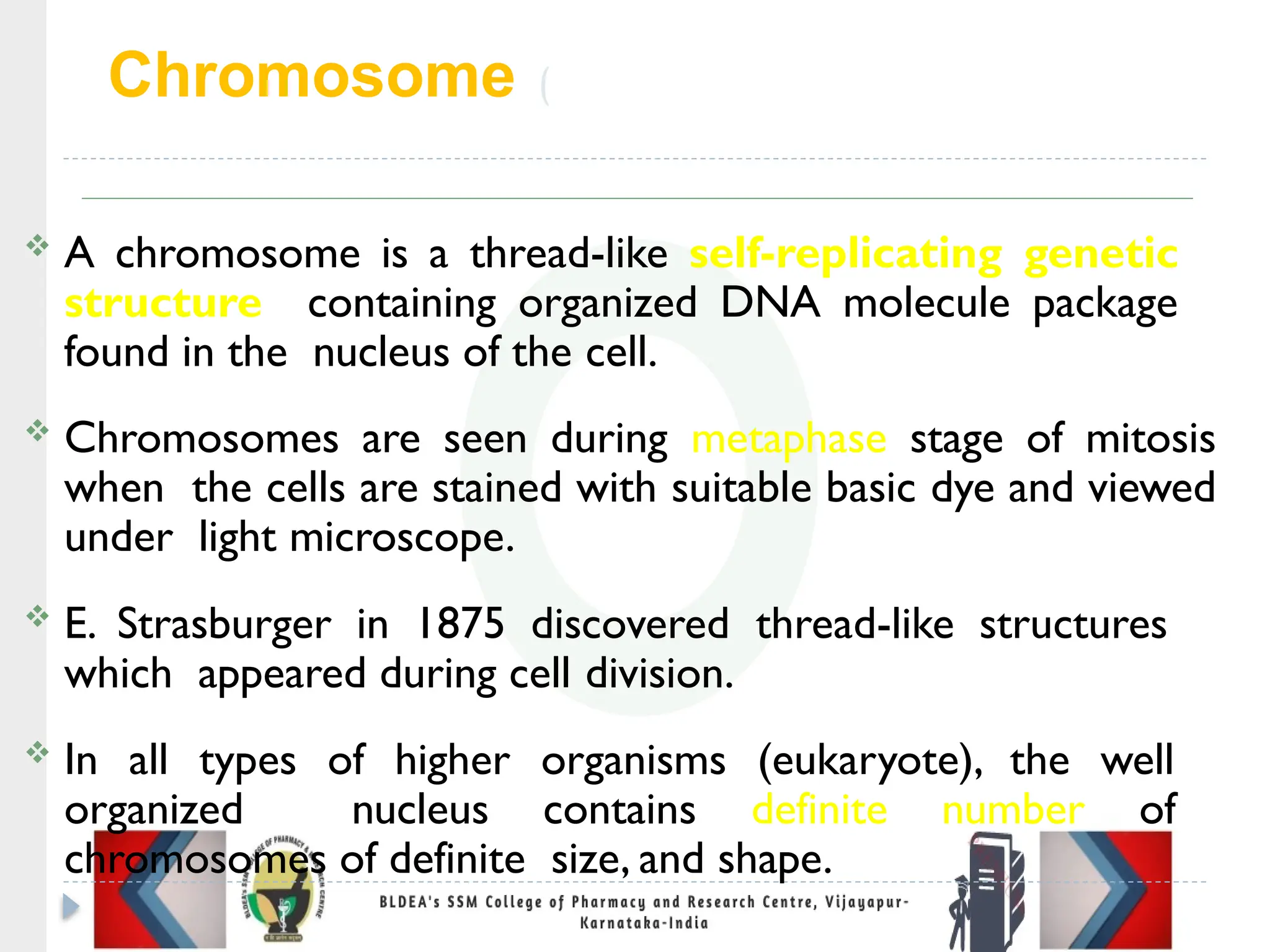 Chromosome (chroma - colour; some -
body)
 A chromosome is a thread-like self-replicating genetic
structure containing organized DNA molecule package
found in the nucleus of the cell.
 Chromosomes are seen during metaphase stage of mitosis
when the cells are stained with suitable basic dye and viewed
under light microscope.
 E. Strasburger in 1875 discovered thread-like structures
which appeared during cell division.
 In all types of higher organisms (eukaryote), the well
organized nucleus contains definite number of
chromosomes of definite size, and shape.
 