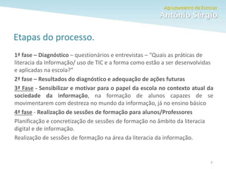 Como fazer um trabalho escolar 7
Etapas do processo.
1ª fase – Diagnóstico – questionários e entrevistas – “Quais as práticas de
literacia da Informação/ uso de TIC e a forma como estão a ser desenvolvidas
e aplicadas na escola?”
2ª fase – Resultados do diagnóstico e adequação de ações futuras
3ª Fase - Sensibilizar e motivar para o papel da escola no contexto atual da
sociedade da informação, na formação de alunos capazes de se
movimentarem com destreza no mundo da informação, já no ensino básico
4ª fase - Realização de sessões de formação para alunos/Professores
Planificação e concretização de sessões de formação no âmbito da literacia
digital e de informação.
Realização de sessões de formação na área da literacia da informação.
 