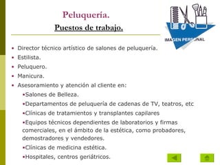 Peluquería.     Puestos de trabajo. Director técnico artístico de salones de peluquería.  Estilista.  Peluquero.  Manicura.  Asesoramiento y atención al cliente en:  Salones de Belleza.  Departamentos de peluquería de cadenas de TV, teatros, etc  Clínicas de tratamientos y transplantes capilares  Equipos técnicos dependientes de laboratorios y firmas comerciales, en el ámbito de la estética, como probadores, demostradores y vendedores.  Clínicas de medicina estética.  Hospitales, centros geriátricos.  