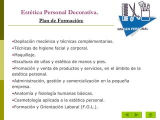 Estética Personal Decorativa.     Plan de Formación: Depilación mecánica y técnicas complementarias.  Técnicas de higiene facial y corporal.  Maquillaje.  Escultura de uñas y estética de manos y pies.  Promoción y venta de productos y servicios, en el ámbito de la estética personal.  Administración, gestión y comercialización en la pequeña empresa.  Anatomía y fisiología humanas básicas.  Cosmetología aplicada a la estética personal.  Formación y Orientación Laboral (F.O.L.). 