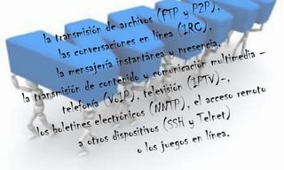 la transmisión de archivos (FTP y P2P), las conversaciones en línea (IRC), la mensajería instantánea y presencia, la transmisión de contenido y comunicación multimedia –telefonía (VoIP), televisión (IPTV)-, los boletines electrónicos (NNTP), el acceso remoto a otros dispositivos (SSH y Telnet)             o los juegos en línea.