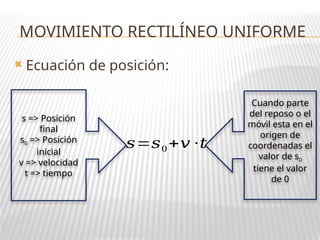  Ecuación de posición:
MOVIMIENTO RECTILÍNEO UNIFORME
𝑠=𝑠0 +𝑣 ·𝑡
s => Posición
final
s0 => Posición
inicial
v => velocidad
t => tiempo
Cuando parte
del reposo o el
móvil esta en el
origen de
coordenadas el
valor de s0
tiene el valor
de 0
 
