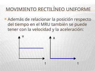 Además de relacionar la posición respecto
del tiempo en el MRU también se puede
tener con la velocidad y la aceleración:
MOVIMIENTO RECTILÍNEO UNIFORME
 