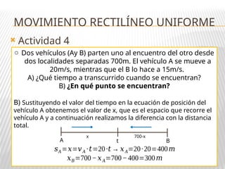 MOVIMIENTO RECTILÍNEO UNIFORME
 Actividad 4
o Dos vehículos (Ay B) parten uno al encuentro del otro desde
dos localidades separadas 700m. El vehículo A se mueve a
20m/s, mientras que el B lo hace a 15m/s.
A) ¿Qué tiempo a transcurrido cuando se encuentran?
B) ¿En qué punto se encuentran?
B) Sustituyendo el valor del tiempo en la ecuación de posición del
vehículo A obtenemos el valor de x, que es el espacio que recorre el
vehículo A y a continuación realizamos la diferencia con la distancia
total.
A B
t
x 700-x
𝑠𝐴=𝑥=𝑣𝐴 ·𝑡=20·𝑡 → 𝑥𝐴=20·20=400𝑚
𝑥𝐵=700−𝑥𝐴=700−400=300𝑚
 