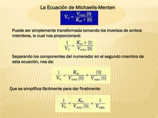 La Ecuación de Michaelis-Menten

Puede ser simplemente transformada tomando los inversos de ambos
miembros, lo cual nos proporcionará:

Separando los componentes del numerador en el segundo miembro de
esta ecuación, nos da:

Que se simplifica fácilmente para dar finalmente:

 