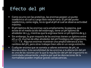 Efecto del pH
 Como ocurre con las proteínas, las enzimas poseen un punto

isoeléctrico al cual su carga libre neta es cero. El pH del punto
isoeléctrico, como regla, no es igual al pH al cual se observa actividad
máxima.
 El pH óptimo de las enzimas varia ampliamente; la pepsina, que
existe en el medio ácido del estómago, tiene un pH óptimo de
alrededor de 1,5, mientras que la arginasa tiene un pH óptimo de 9,7.
 Sin embargo, la gran mayoría de las enzimas tienen un óptimo entre
pH 4 y 8, muchas de ellas alrededor del pH fisiológico del organismo,
~7.3 - 7.4. Algunas enzimas muestran una amplia tolerancia a los
cambios del pH, pero otras trabajan bien sólo en un rango estrecho.
 Cualquier enzima que se someta a valores extremos de pH, se
desnaturaliza. Esta sensibilidad de las enzimas a la alteración del pH
es una de las razones por la que la regulación del pH del organismo es
controlada celosamente y explica por qué las desviaciones de la
normalidad pueden implicar graves consecuencias.

 