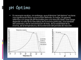 pH Óptimo


Es necesario recalcar, sin embargo, que el término "pH óptimo" no tiene
una significación físico-química bien definida. Es mejor, en general,
referirse a un rango de pH favorable para una reacción dada. Este rango
depende no sólo de la naturaleza de la enzima particular, sino también
del substrato y de la concentración de éste, de la estabilidad de la
enzima, de la temperatura y de la extensión del periodo de reacción.

 