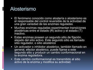 Alosterismo
 El fenómeno conocido como alostería o alosterismo es






el responsable del control reversible de la actividad de
una gran variedad de las enzimas reguladas
Muchas enzimas reguladas experimentan transiciones
alostéricas entre el estado (R) activo y el estado (T)
inactivo.
Estas enzimas poseen un segundo sitio de fijación,
alejado del sitio activo. Este segundo sitio es llamado
sitio regulador, o sitio alostérico
Un activador o inhibidor alostérico, también llamado en
general, efector alostérico, puede fijarse a este
segundo sitio y producir un cambio conformacional en
la enzima reguladora.
Este cambio conformacional es transmitido al sitio
activo de la enzima y modifica su actividad.

 