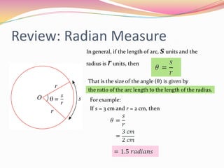 Review: Radian MeasureIn general, if the length of arc, s units and the radius is r units, then That is the size of the angle (θ) is given by the ratio of the arc length to the length of the radius.For example:If s = 3 cm and r = 2 cm, then