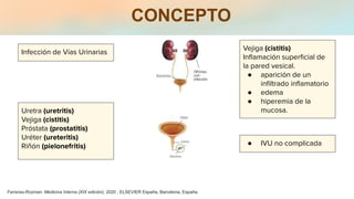 CONCEPTO
Infección de Vías Urinarias
Uretra (uretritis)
Vejiga (cistitis)
Próstata (prostatitis)
Uréter (ureteritis)
Riñón (pielonefritis)
Vejiga (cistitis)
Inﬂamación superﬁcial de
la pared vesical.
● aparición de un
inﬁltrado inﬂamatorio
● edema
● hiperemia de la
mucosa.
● IVU no complicada
Farreras-Rozman. Medicina Interna (XIX edición); 2020 ; ELSEVIER España, Barcelona, España.
 
