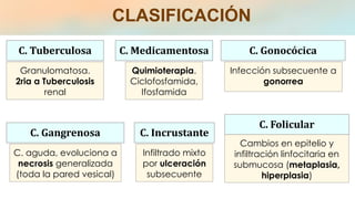 CLASIFICACIÓN
Granulomatosa.
2ria a Tuberculosis
renal
C. Tuberculosa C. Medicamentosa
Quimioterapia.
Ciclofosfamida,
Ifosfamida
Infección subsecuente a
gonorrea
C. Gonocócica
C. Gangrenosa
C. aguda, evoluciona a
necrosis generalizada
(toda la pared vesical)
C. Incrustante
Infiltrado mixto
por ulceración
subsecuente
C. Folicular
Cambios en epitelio y
infiltración linfocitaria en
submucosa (metaplasia,
hiperplasia)
 