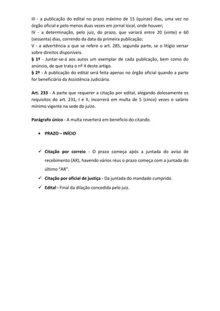 III - a publicação do edital no prazo máximo de 15 (quinze) dias, uma vez no
órgão oficial e pelo menos duas vezes em jornal local, onde houver;
IV - a determinação, pelo juiz, do prazo, que variará entre 20 (vinte) e 60
(sessenta) dias, correndo da data da primeira publicação;
V - a advertência a que se refere o art. 285, segunda parte, se o litígio versar
sobre direitos disponíveis.
§ 1º - Juntar-se-á aos autos um exemplar de cada publicação, bem como do
anúncio, de que trata o nº II deste artigo.
§ 2º - A publicação do edital será feita apenas no órgão oficial quando a parte
for beneficiária da Assistência Judiciária.
Art. 233 - A parte que requerer a citação por edital, alegando dolosamente os
requisitos do art. 231, I e II, incorrerá em multa de 5 (cinco) vezes o salário
mínimo vigente na sede do juízo.
Parágrafo único - A multa reverterá em benefício do citando.
• PRAZO – INÍCIO

 Citação por correio - O prazo começa após a juntada do aviso de
recebimento (AR), havendo vários réus o prazo começa com a juntada do
último “AR”.
 Citação por oficial de justiça - Da juntada do mandado cumprido.
 Edital - Final da dilação concedida pelo juiz.

 