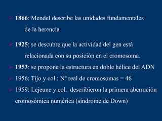  1866: Mendel describe las unidades fundamentales
de la herencia
 1925: se descubre que la actividad del gen está
relacionada con su posición en el cromosoma.
 1953: se propone la estructura en doble hélice del ADN
 1956: Tijo y col.: Nº real de cromosomas = 46
 1959: Lejeune y col. describieron la primera aberración
cromosómica numérica (síndrome de Down)
 