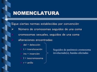 NOMENCLATURA
Sigue ciertas normas establecidas por convención
 Número de cromosomas seguidos de una coma
 cromosomas sexuales, seguidos de una coma
 alteraciones encontradas:
 del = delección
 t = translocación
 ins = inserción
 I = isocromosoma
 r = anillo
Seguidos de paréntesis cromosoma
involucrado(s), bandas afectadas
 