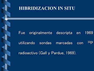 Fue originalmente descripta en 1969
utilizando sondas marcadas con 32P
radioactivo (Gall y Pardue, 1969).
HIBRIDIZACION IN SITU
 