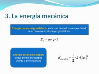 3. La energía mecánica
Energía potencial gravitatoria: es la que tienen los cuerpos debido
a su posición en el campo gravitatorio.
hgmEp 
Energía potencial elástica:
la que tienen los cuerpos
debido a su elasticidad
 2
2
1
xkEelástica 
 