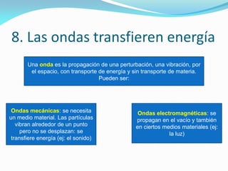 8. Las ondas transfieren energía
Una onda es la propagación de una perturbación, una vibración, por
el espacio, con transporte de energía y sin transporte de materia.
Pueden ser:
Ondas mecánicas: se necesita
un medio material. Las partículas
vibran alrededor de un punto
pero no se desplazan: se
transfiere energía (ej: el sonido)
Ondas electromagnéticas: se
propagan en el vacío y también
en ciertos medios materiales (ej:
la luz)
 