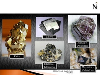 Pirita 
Galena 
Diamante - 
Octaédrica 
Magnetita - 
Octaédrica 
Esfalerita - 
Tetraédrica 
DOCENTE: ING. DANIEL ALVA 
HUAMÁN 
 