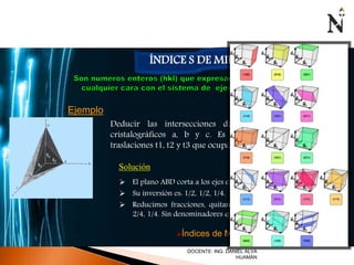 ÍNDICE S DE MILLER 
Ejemplo 
Deducir las intersecciones de cada plano con los ejes 
cristalográficos a, b y c. Es decir, contar el número de 
traslaciones t1, t2 y t3 que ocupa el plano sobre los ejes a, b y c. 
Solución 
 El plano ABD corta a los ejes en 2, 2 y 4. 
 Su inversión es: 1/2, 1/2, 1/4. 
 Reducimos fracciones, quitando denominadores: 2/4, 
2/4, 1/4. Sin denominadores queda 221 
Índices de Miller: (221) 
DOCENTE: ING. DANIEL ALVA 
HUAMÁN 
 