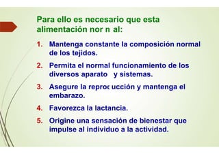 m
d
Para ello es necesario que esta
alimentación nor al:
1. Mantenga constante la composición normal
de los tejidos.
2. Permita el normal funcionamiento de los
diversos aparato y sistemas.
3. Asegure la repro ucción y mantenga el
embarazo.
4. Favorezca la lactancia.
5. Origine una sensación de bienestar que
impulse al individuo a la actividad.
 