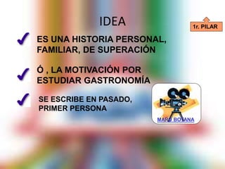 IDEA
ES UNA HISTORIA PERSONAL,
FAMILIAR, DE SUPERACIÓN
Ó , LA MOTIVACIÓN POR
ESTUDIAR GASTRONOMÍA
SE ESCRIBE EN PASADO,
PRIMER PERSONA
1r. PILAR
MARU BOTANA
 