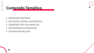 1. SINDROMES MOTORES
2. ESCLEROSIS LATERAL AMIOTROFICA
3. SINDROME POST-POLIOMIELITIS
4. ENFERMEDAD DE PARKINSON
5. DISTROFIA MUSCULAR
Contenido Temático
 