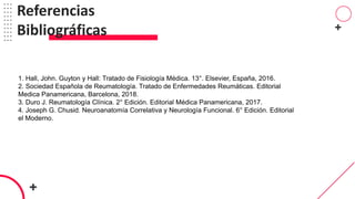 Referencias
Bibliográficas
1. Hall, John. Guyton y Hall: Tratado de Fisiología Médica. 13°. Elsevier, España, 2016.
2. Sociedad Española de Reumatología. Tratado de Enfermedades Reumáticas. Editorial
Medica Panamericana, Barcelona, 2018.
3. Duro J. Reumatología Clínica. 2° Edición. Editorial Médica Panamericana, 2017.
4. Joseph G. Chusid. Neuroanatomía Correlativa y Neurología Funcional. 6° Edición. Editorial
el Moderno.
 