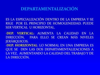 TIPOS DE DEPARTAMENTALIZACIÓN
1. DEPARTAMENTALIZACIÓN POR FUNCIONES:
CONSISTE EN HACER DEPARTAMENTOS DE ACUERDO A
LAS FUNC...