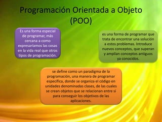 Programación Orientada a Objeto
(POO)
Es una forma especial
de programar, más
cercana a como
expresaríamos las cosas
en la vida real que otros
tipos de programación.
es una forma de programar que
trata de encontrar una solución
a estos problemas. Introduce
nuevos conceptos, que superan
y amplían conceptos antiguos
ya conocidos.
se define como un paradigma de la
programación, una manera de programar
específica, donde se organiza el código en
unidades denominadas clases, de las cuales
se crean objetos que se relacionan entre sí
para conseguir los objetivos de las
aplicaciones.
 