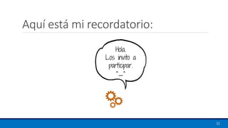 Aquí está mi recordatorio:
32
Hola.
Los invito a
participar.
^_^
 