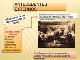 ANTECEDENTES
EXTERNOS
Estados unidos
y Europa
• Libertad
Política
•Libertad
Económica
•Gobiernos
representativos
INDEPENDENCIA DE ESTADOS
UNIDOS DE AMÉRICA, EN 1776 DE
LOS INGLESES.
Este Acontecimiento generó en los
Criollos Americanos un alto grado de
Admiración
 