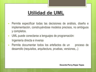 Utilidad de UML
 Permite especificar todas las decisiones de análisis, diseño e
implementación, construyéndose modelos precisos, no ambiguos
y completos.
 UML puede conectarse a lenguajes de programación:
Ingeniería directa e inversa
 Permite documentar todos los artefactos de un proceso de
desarrollo (requisitos, arquitectura, pruebas, versiones,..)
Docente:Percy Rojas Yepes
 