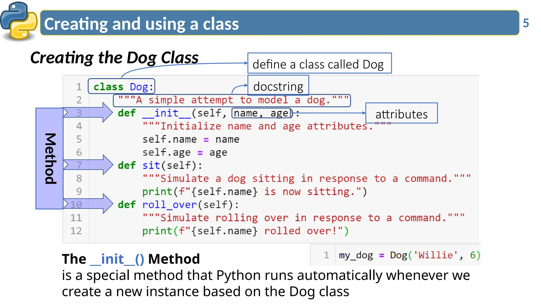 5
Creating the Dog Class
Creating and using a class
define a class called Dog
docstring
attributes
Method
The __init__() Method
is a special method that Python runs automatically whenever we
create a new instance based on the Dog class
 