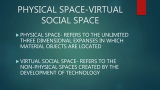 PHYSICAL SPACE-VIRTUAL
SOCIAL SPACE
 PHYSICAL SPACE- REFERS TO THE UNLIMITED
THREE DIMENSIONAL EXPANSES IN WHICH
MATERIAL OBJECTS ARE LOCATED
 VIRTUAL SOCIAL SPACE- REFERS TO THE
NON-PHYSICAL SPACES CREATED BY THE
DEVELOPMENT OF TECHNOLOGY
 