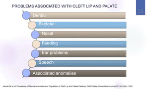 Dental
Skeletal
Nasal
Feeding
Ear problems
Speech
Associated anomalies
53
Jamal GA et al. Prevalence of Dental Anomalies in a Population of Cleft Lip and Palate Patients. Cleft Palate–Craniofacial Journal,2010;47(4):413-20
PROBLEMS ASSOCIATED WITH CLEFT LIP AND PALATE
 