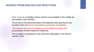 HEARING PROBLEMS AND EAR INFECTIONS
• Otitis media is a condition where a fluid is accumulated in the middle ear
and results in ear infection.
• This is due to the abnormal action of Eustachian tube opening by two
muscles which are tensor veli palatine and levator veli palatine.
• This leads to the lack of ventilation to the middle ear cavity and
accumulation of fluid inside the middle ear.
• This condition is presented in the child with cleft palate in the first six
months of life
58
 