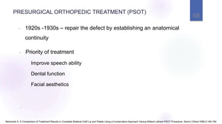 • 1920s -1930s – repair the defect by establishing an anatomical
continuity
• Priority of treatment
- Improve speech ability
- Dental function
- Facial aesthetics
68
Berkowitz S. A Comparison of Treatment Results in Complete Bilateral Cleft Lip and Palate Using a Conservative Approach Versus Millard-Latham PSOT Procedure. Semin Orthod 1996;2:169-184
PRESURGICAL ORTHOPEDIC TREATMENT (PSOT)
 