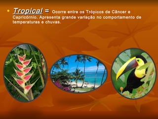 • TropicalTropical == Ocorre entre os Trópicos de Câncer e
Capricórnio. Apresenta grande variação no comportamento de
temperaturas e chuvas.
 